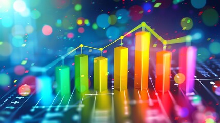 Colorful digital bar graph with vibrant bokeh background, representing data growth and financial success in a modern technology context.