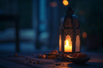 Wall Mural - Ramadan lantern with traditional dates at night on a table.  Eid al Adha,Eid Mubarak,Eid al fitr, Ramadan Kareem