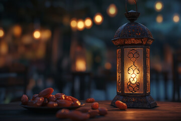 Wall Mural - Ramadan lantern with traditional dates at night on a table.  Eid al Adha,Eid Mubarak,Eid al fitr, Ramadan Kareem