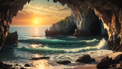 Wall Mural - Vintage sea sunset from the mountain cave. Generative AI