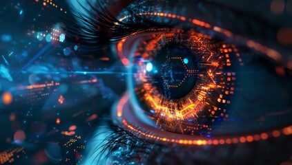 Poster - A close up of a futuristic eye with glowing lights. AI.