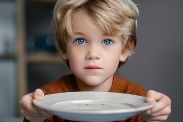 Wall Mural - Hungry blonde boy holding a plate with both hands close up shot with space for text