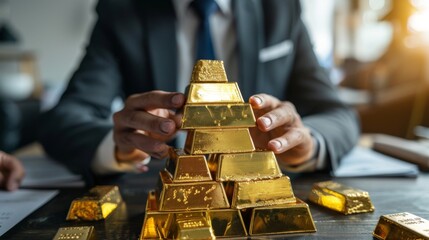 Fototapete - A businessman examining a pile of gold bars on a table, representing investment opportunities in precious metals.
