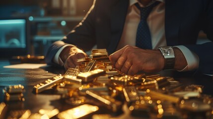 Fototapete - A businessman examining a pile of gold bars on a table, representing investment opportunities in precious metals.