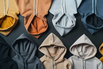 several hoodies spread on colorful background