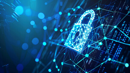 Network protection and cyber technology security  illustration showcasing a lock symbol and intricate digital connections modern blue background 