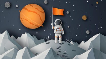 Wall Mural - cute paper cut style illustration, Astronaut on planet, space adventure, kid dream to become spaceman in future