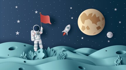 Wall Mural - cute paper cut style illustration, Astronaut on planet, space adventure, kid dream to become spaceman in future