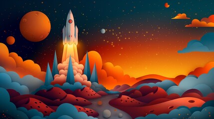 Wall Mural - cute paper cut style illustration, spaceship rocket launch with fire and smoke with copy space  background