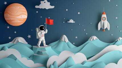 Wall Mural - cute paper cut style illustration, Astronaut on planet, space adventure, kid dream to become spaceman in future