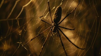 Poster - A cellar spider hanging upside down in its web, its long legs poised to detect the slightest movement in its dimly lit habitat