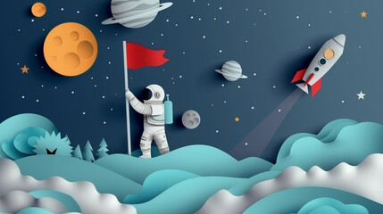 Wall Mural - cute paper cut style illustration, Astronaut on planet, space adventure, kid dream to become spaceman in future
