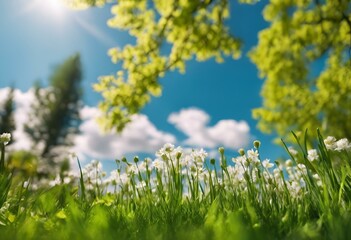 Wall Mural - a green field of grass with daisies in the sunlight