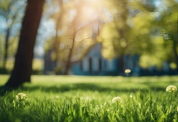 Canvas Print - a field of green grass with some dandelions in front of a tree