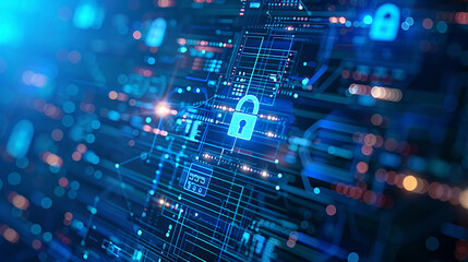 Secure website design and programming technology developer coding for social world safety cyberspace protection with lock icon and blue tech background 