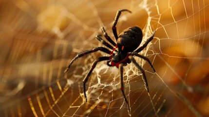 Poster - A close-up of a black widow spider weaving its distinctive web, its red hourglass marking serving as a warning to potential predators