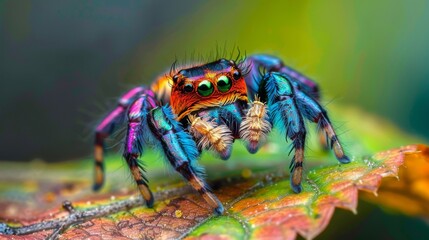 Poster - A close-up of a colorful jumping spider on a leaf, showcasing the intricate patterns and vibrant hues of nature's tiny marvels