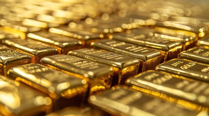 Poster - A close-up of gleaming gold bars arranged in a neat stack, symbolizing wealth, prosperity, and financial stability.