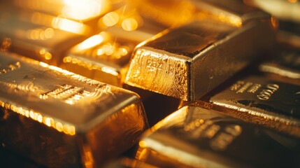 Poster - A close-up of gold bars stacked on top of each other, with sunlight casting a warm glow on the gleaming surfaces.