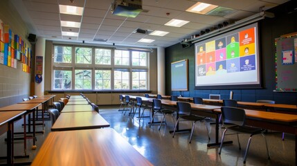 Poster - A classroom with a projector screen showing a group of people