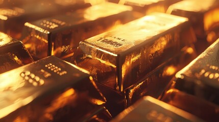 Poster - A close-up of gold bars stacked on top of each other, with sunlight casting a warm glow on the gleaming surfaces.