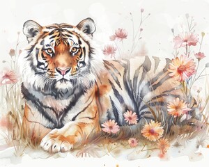 Enchanted Forest: Wildlife Illustration with Tiger, Flowers, and Playful Creatures