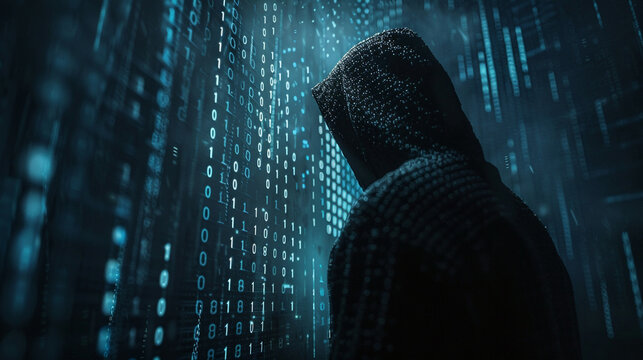 Visual depiction of a hacker looming over a screen with binary code illustrating cyber intrusion and illicit activities dark digital background with binary digits to convey hacking and cybercrime 