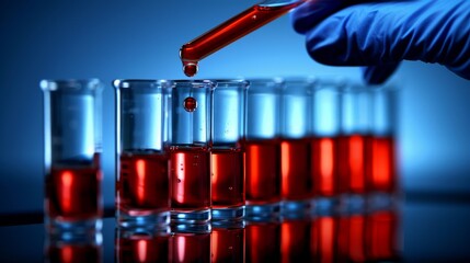 a hand in a blue glove adds a drop of red liquid or blood to a test tube using a pipette. a row of t