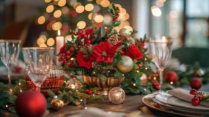 Poster - A table is set for a Christmas dinner with a centerpiece of red flowers