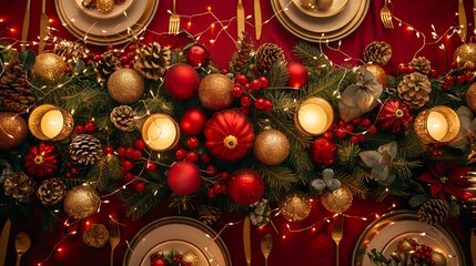 Poster - A table with a red tablecloth and a Christmas tree decoration