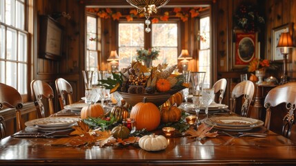 Poster - A large table is set for a Thanksgiving dinner with a variety of fall decoration