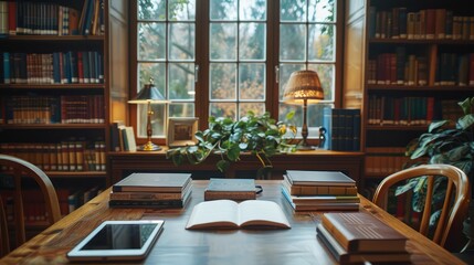 Aufkleber - A library with a desk with a book open and a laptop on it