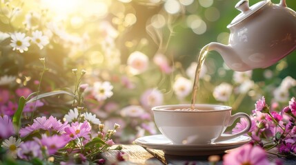 Aufkleber - A teapot is pouring tea into a white cup on a table with flowers