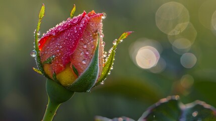 Poster - A dew-kissed rosebud awakening to the morning light, adorned with glistening droplets of nature's refreshment