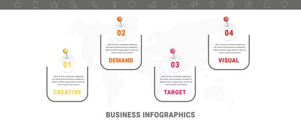 Vector modern infographic flat template pin and circles for diagram, graph, presentation. Business concept with four options and marks. Blank space for content, step for step, timeline, workflow