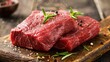 © Gucks - raw meat steak on wooden board with herbs
