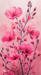 Canvas Print - Sweet William decorates a watercolor border, set against a pastel pink background, in a lovely floral illustration