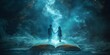 © QuietWord - silhouette of boy and girl hold hand walking on fairytale book page, open book with light glow shiny smoke drifting over