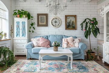 A spacious Shabby Chic living room with white walls and a distressed wooden floor The room includes a pastel blue sofa with white and pink cushions