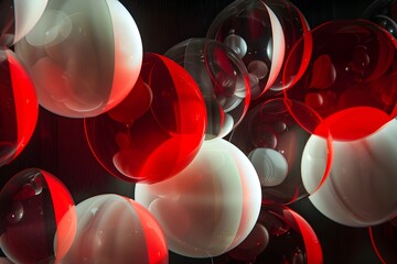 Poster - A series of curved, glowing glass spheres are arranged in an S shape on a black background, each sphere emitting soft red light and reflecting the surrounding environment

