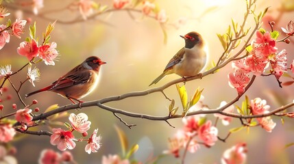 Wall Mural - happy birds on blooming branches, sunlight creating a cheerful spring scene.