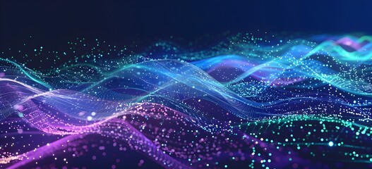 Poster - Abstract background with digital technology and artificial intelligence, a blue, purple and green color palette, a data flow wave pattern in the style of vector illustration design
