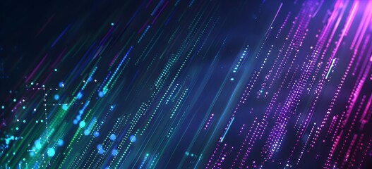  - Abstract digital background with glowing blue, purple and green data waves on a dark blue gradient

