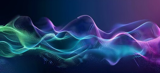 Poster - abstract digital background with glowing blue, purple and green data waves on a dark blue gradient