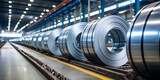 Galvanized steel coils in warehouse industrial setting. Concept Industrial Storage, Warehouse Operations, Galvanized Steel, Metal Coils, Manufacturing Sector