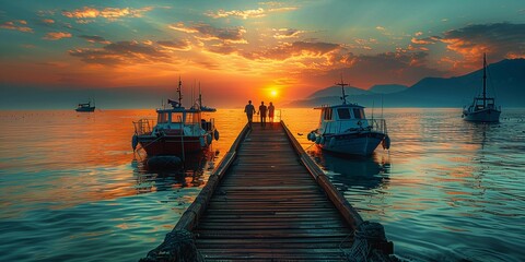 Poster - Couples Enjoying Sunset at the Pier, generative ai