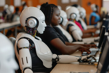 Robots working in the office alongside humans typing on keyboard