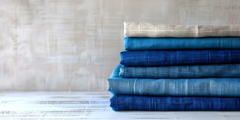 Blue fabric pile on white table near blank white wall. Concept Product Photography, Color Contrast, Minimalist Design