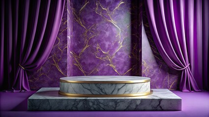 Poster - Marble pedestal with purple curtains.