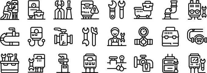 Poster - Fix heater pipeline icons outline set vector. A collection of black and white icons for various tools and equipment. The icons include a wrench, a screwdriver, a hammer, a pipe, and a clock. Scene is